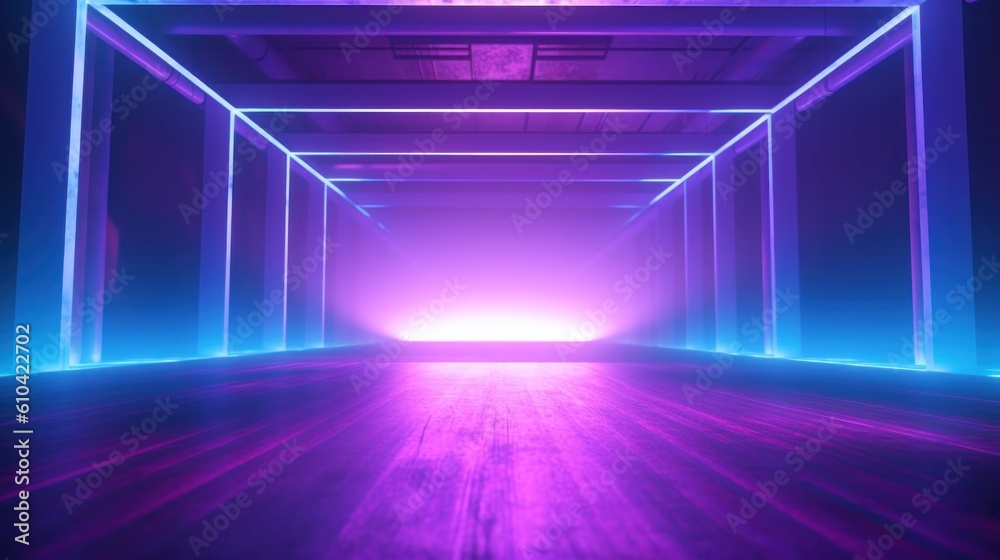 Dark room lit up with two neon lights, in the style of conceptual digital art, Illustration AI Generative. Dark room lit up with two neon lights, in the style of conceptual digital art, Illustration AI Generative.