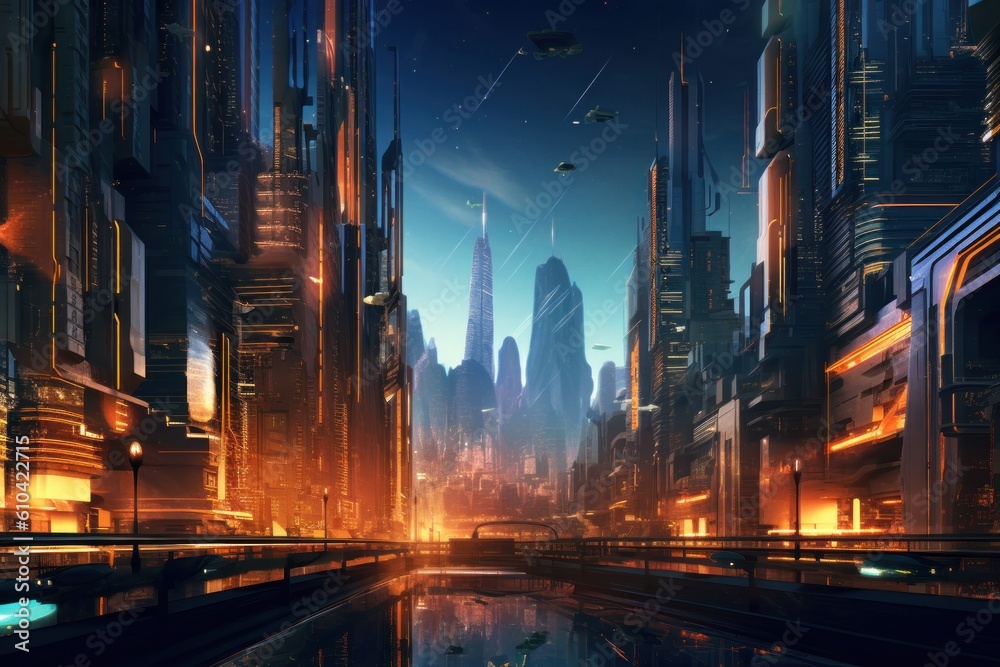 Futuristic city with neon lights lit up Illustration AI Generative.