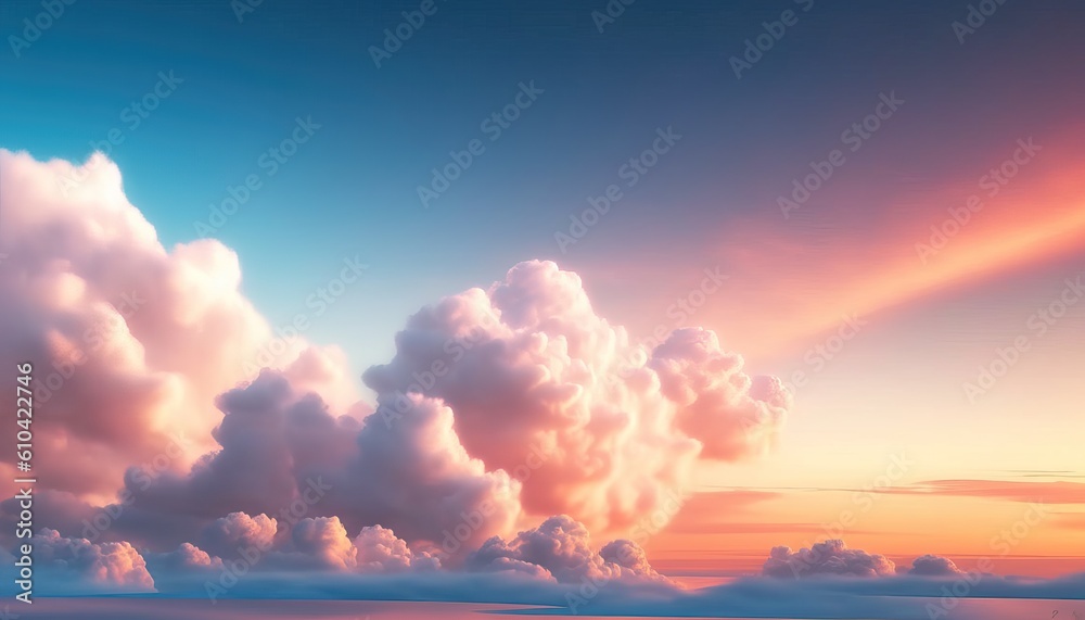 Beautiful natural background with blue sky and pink fluffy clouds at sunset. Excellent cinematic lighting, pastel colors Beautiful natural background with blue sky and pink fluffy clouds at sunset. Excellent cinematic lighting, pastel colors