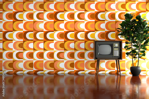 The old TV in the room has wallpaper with a retro pattern. photo