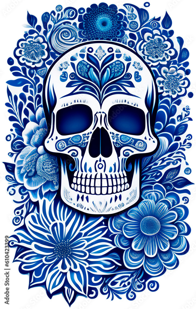 Blue and white skull and flowers. Generative AI.