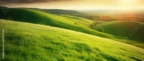 Beautiful natural spring summer landscape of meadow in a hilly area on sunset. Field with young juicy green grass