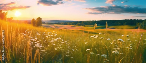 Beautiful summer colorful rustic pastoral landscape panorama. Tall flowering grass on green meadow at sunrise or sunset with beautiful announcement against blue sky