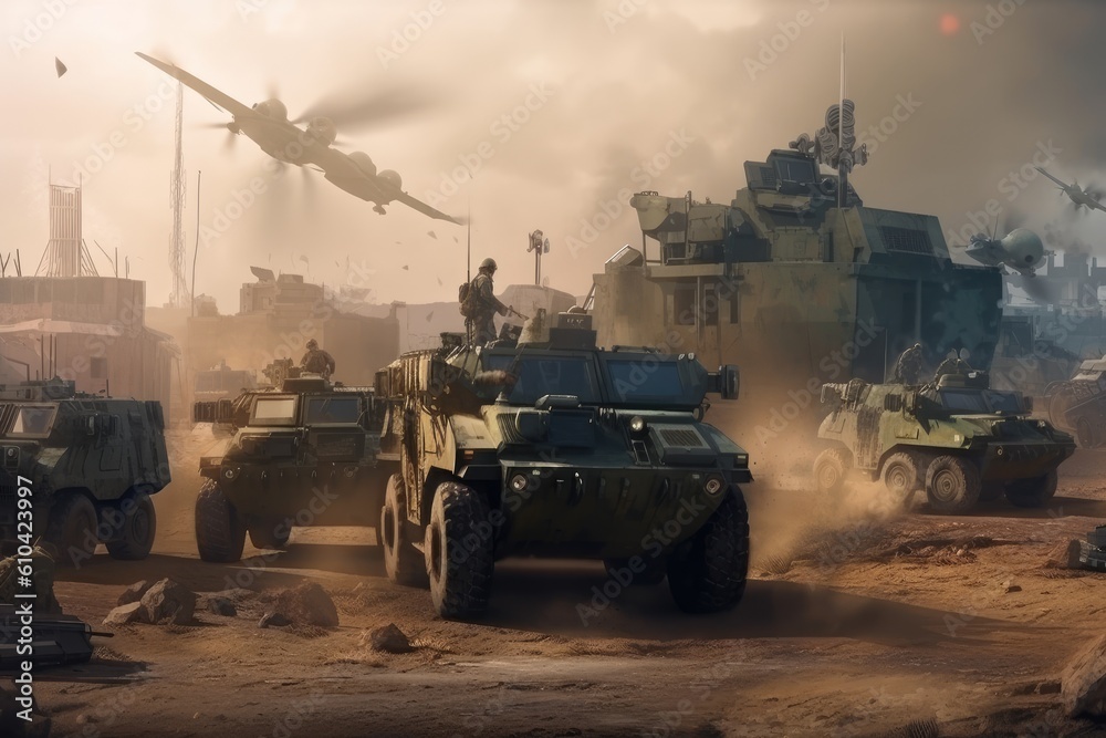 War Concept. Military silhouettes fighting scene on war fog sky background, World War Soldiers Silhouettes Below Cloudy Skyline At night. Attack scene. Armored vehicles. Tanks battle. AI Generated