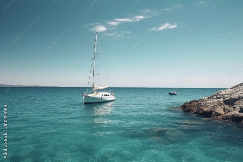 Sailing boat on the turquoise water of the Mediterranean Sea, A small yacht gracefully sailing on the tranquil waters of a beautiful ocean on a sunny day, AI Generated Sailing boat on the turquoise water of the Mediterranean Sea, A small yacht gracefully sailing on the tranquil waters of a beautiful ocean on a sunny day, AI Generated