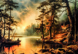 painting of a stunning river landscape with a small boat surrounded by trees during sunset