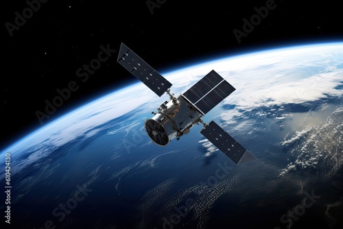 Satellite orbiting the planet Earth.  A satellite in space orbiting the earth, AI Generated