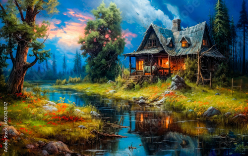 painting of an old house in ruins  river and trees as surrounding during misty sunset