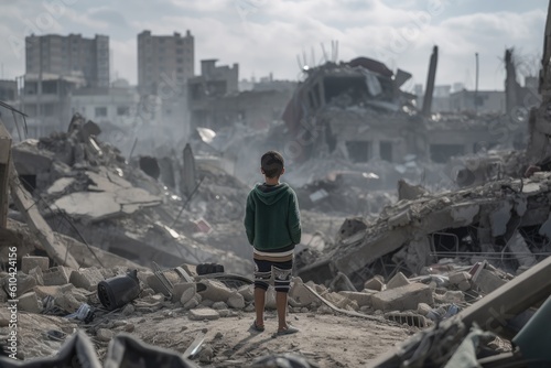 A child stands in front of a destroyed building. A small boy standing amidst the destruction of a war torn area, AI Generated