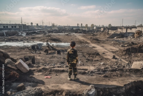 The boy in a military uniform stands in the ruins of the city. A small boy standing amidst the destruction of a war torn area, AI Generated photo