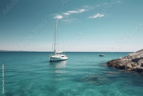 Sailing boat on the turquoise water of the Mediterranean Sea, A small yacht gracefully sailing on the tranquil waters of a beautiful ocean on a sunny day, AI Generated © Iftikhar alam