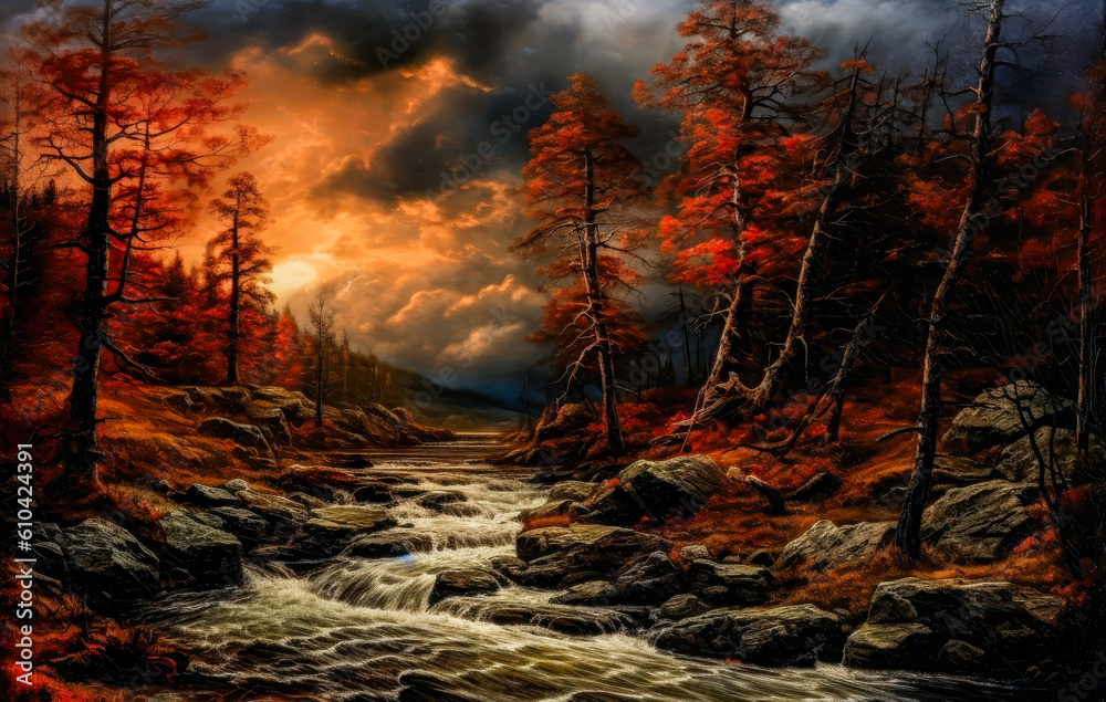 painting of a river and trees in an autumn landscape during sunset