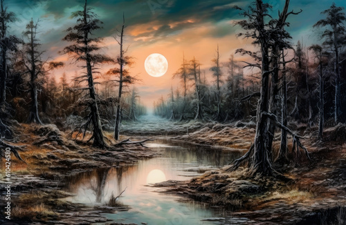 painting of a river and trees in an autumn landscape during sunset