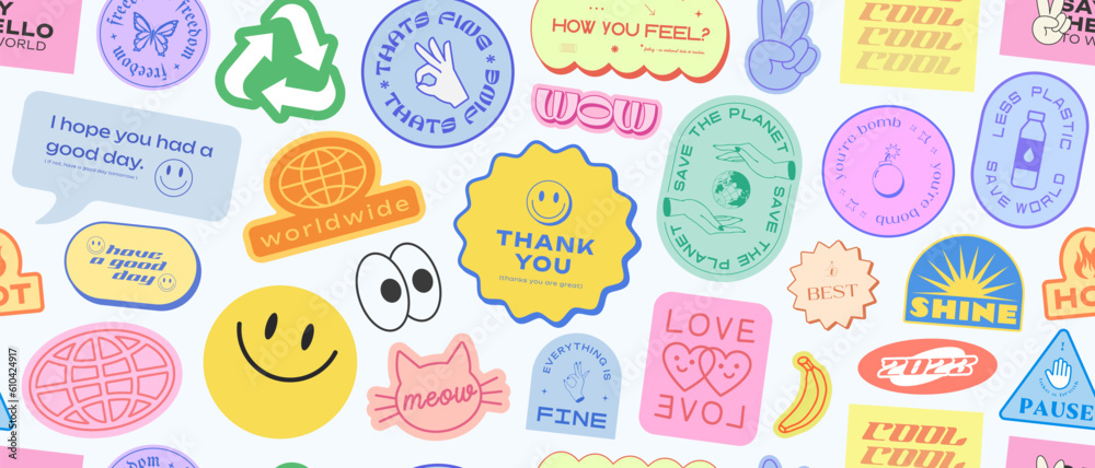 Cool Stickers Collage Y2K Seamless Pattern. Trendy patches background retro style. Pop Art Graphic Elements. Cool Stickers Collage Y2K Seamless Pattern. Trendy patches background retro style. Pop Art Graphic Elements.