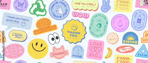 Cool Stickers Collage Y2K Seamless Pattern. Trendy patches background retro style. Pop Art Graphic Elements.