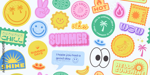 Cool Stickers Collage Y2K Seamless Pattern. Trendy patches background retro style. Pop Art Graphic Elements.