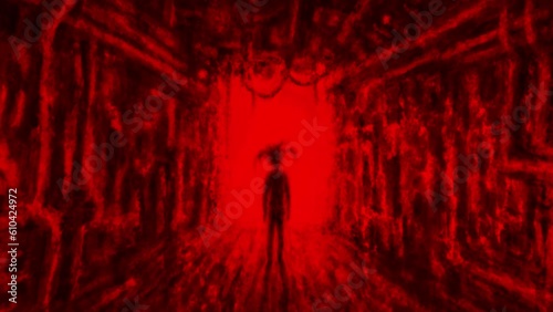 Scary animation with devilish character. Small girl walks along dark corridor and creepy smiles, revealing her skull. Motion graphics in horror fiction genre. Red and black background for Halloween.