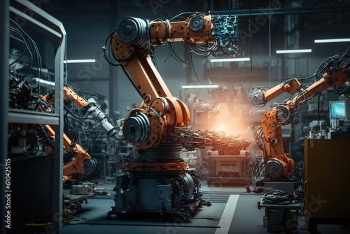Robotic mechanisms on the background of the factory. Created using Generative AI technology.