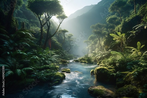amazon rainforest with tropical vegetation, a creek runs through a mysterious jungle, a mountain stream in a lush green valley, fictional landscape created with generative ai