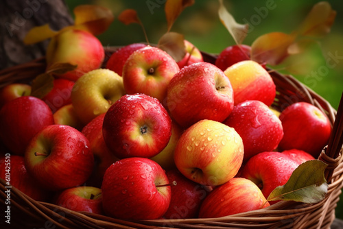 Fall's delicious offering, basket bursting with red juicy organic apples, autumn setting Generative AI photo