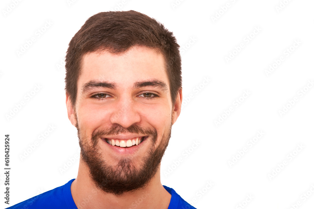 Fototapeta premium Close up studio portrait of young man against white background.