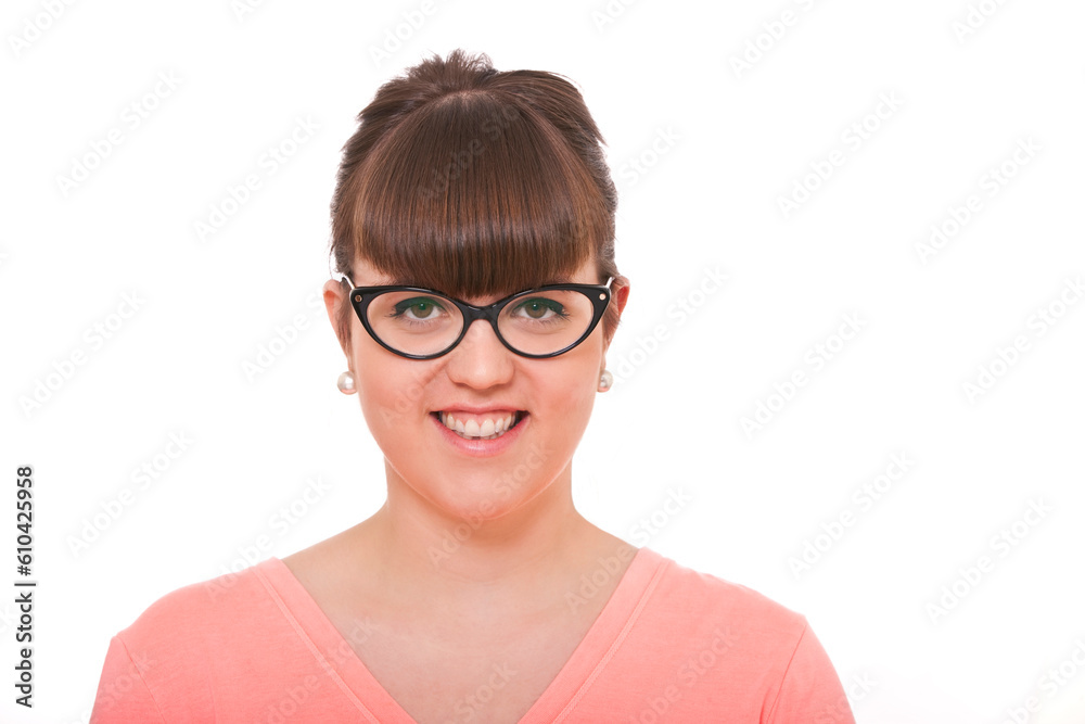 Studio portrait of happy young woman against white background. Studio portrait of happy young woman against white background.