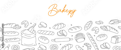 Breads shop outline banner. Horizontal background for bakery menu design. Wheat bread, pretzel, ciabatta, croissant, french baguette.