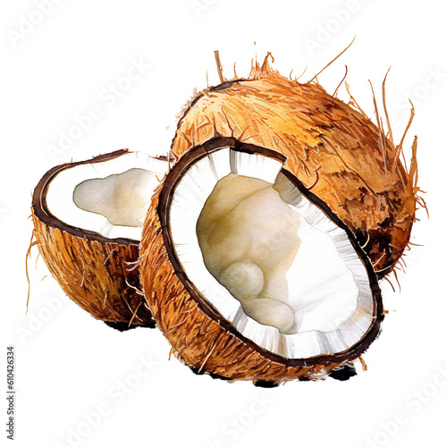 coconut in watercolor design on transparent background with one fruit closed and one opend photo