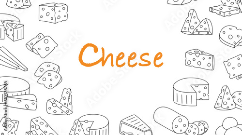 Cheese products outline banner. Cheese pieces and slices. Cheddar  camembert  brick  mozzarella  maasdam  brie  roquefort  gouda  feta and parmesan.