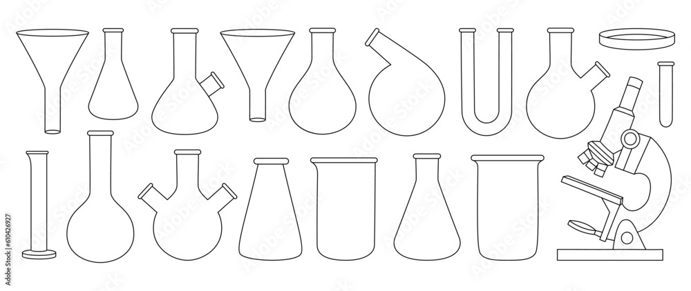 Laboratory glassware outline set. Chemical and medicine lab measuring equipment. Conical flask, glass beaker, filter funnel, U tube, microscope. Laboratory glassware outline set. Chemical and medicine lab measuring equipment. Conical flask, glass beaker, filter funnel, U tube, microscope.