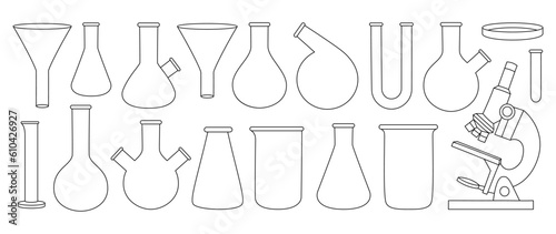 Laboratory glassware outline set. Chemical and medicine lab measuring equipment. Conical flask, glass beaker, filter funnel, U tube, microscope.