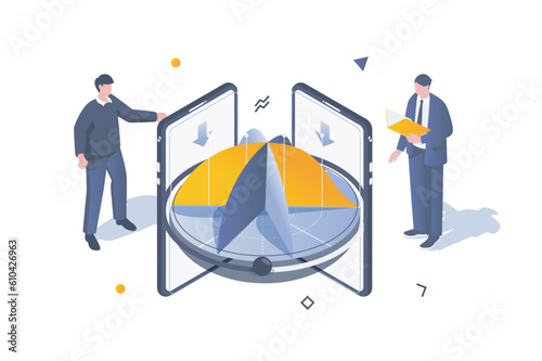 Business marketing concept in 3d isometric design. Professional team working with data charts, discussing statistics review and budget. Vector illustration with isometric people scene for web graphic