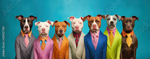 a group of stylish pitbulls wearing colorful suits created with generative AI