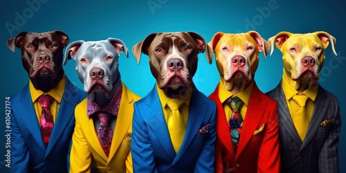 a group of stylish pitbulls wearing colorful suits created with generative AI