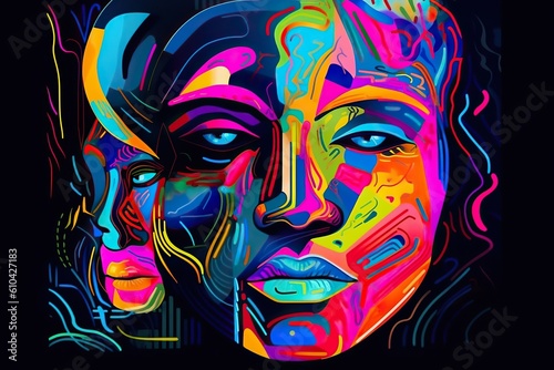 Colorful abstract neon face collage , generative artificial intelligence 