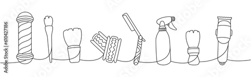 Hairdresser tools one line continuous drawing. Barber shop pole, makeup brush, sharp razor blade, hair clipper continuous one line illustration.