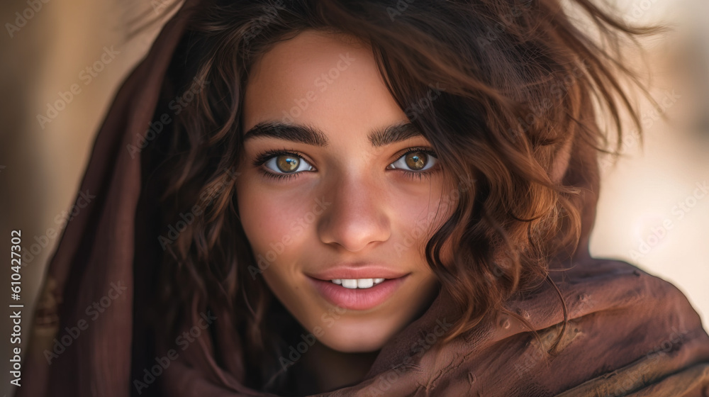 Fictional Arabic woman with veil smiling
