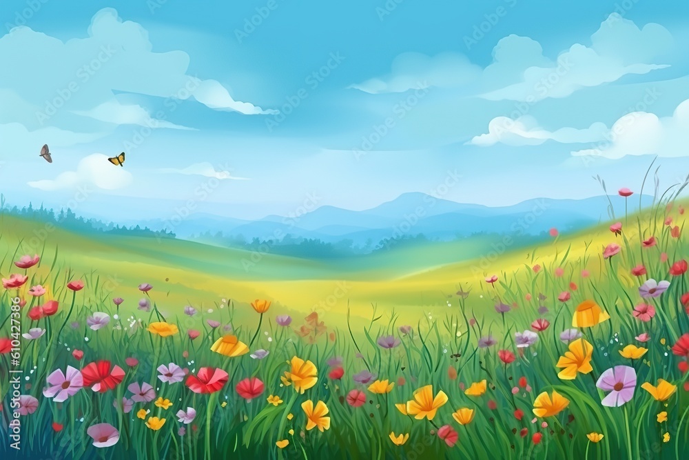 Illustration of a flower meadow in spring , generative artificial intelligence
Illustration of a flower meadow in spring , generative artificial intelligence