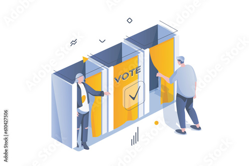 Election and voting concept in 3d isometric design. Man and woman voters choosing their political candidates in public voting booths. Vector illustration with isometric people scene for web graphic