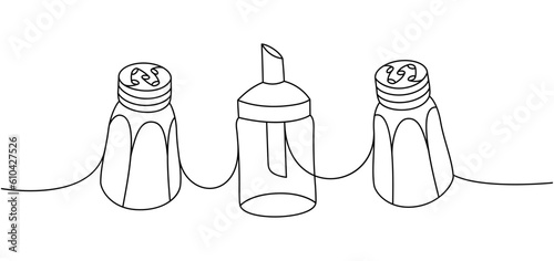 Kitchen utensils one line continuous drawing. Salt shaker, paper shaker, portion sugar bowl continuous one line illustration.