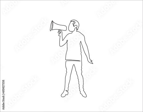 A line drawing happy boy shouting in loudspeaker 