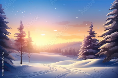 Illustration of a winter landscape covered in snow, generative artificial intelligence 