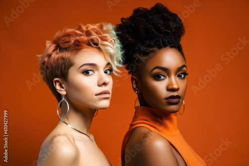 Multiethnic beauty portrait of two mixed race fashion women with creative hairstyles and makeup on orange background, different nation, multiracial friends concept, AI Generated