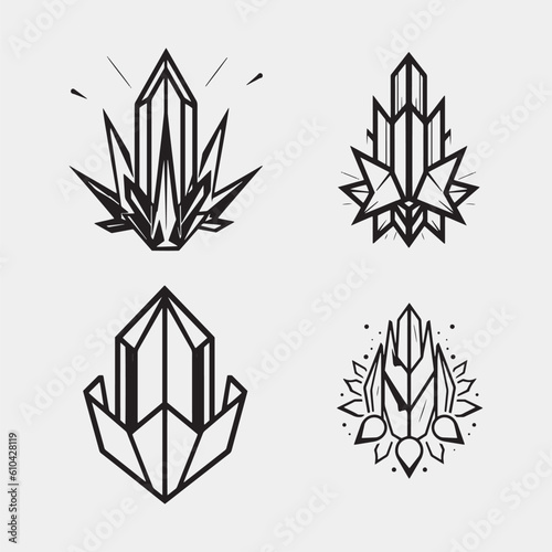 set of Geometric silhouette of black and white crystals