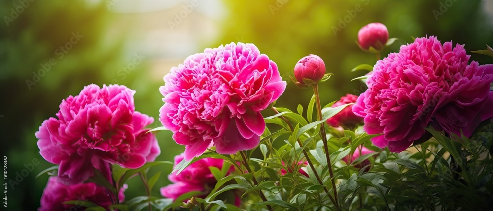 Bright colorful magenta peonies flowers in an outdoor garden with beautiful bokeh