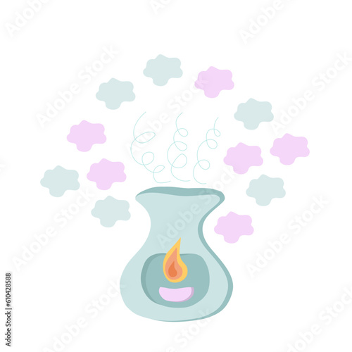 Aroma lamp with candle burning inside and essential oil with a delicious aroma and smell. Relaxation and aromatherapy. Spa. Diffuser for home fragrance. Isolated vector illustration.