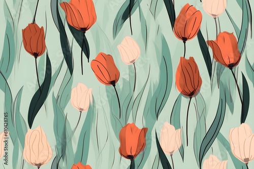 Tulips painting seamless pattern. Generative AI.