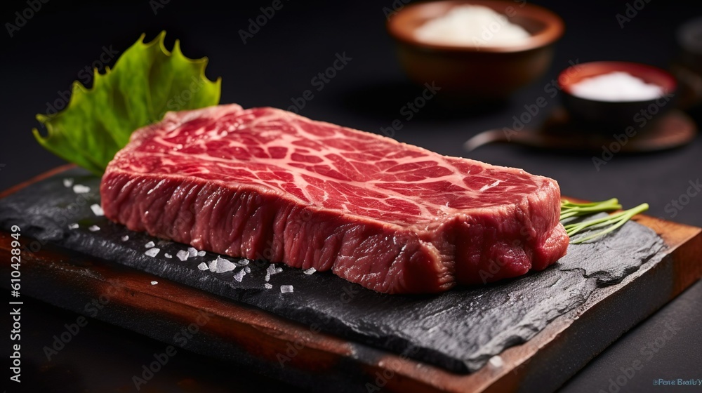 Raw steak on a black stone plate with herbs and coarse sea salt. Generative AI