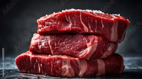 Raw Steak on a Stone seasoned with coarse Sea Salt. Generative AI