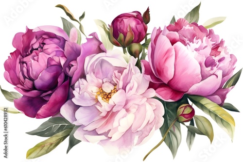Watercolor painting of beautiful blooming peonies close up on white background. Generative AI. © Alexandra Selina